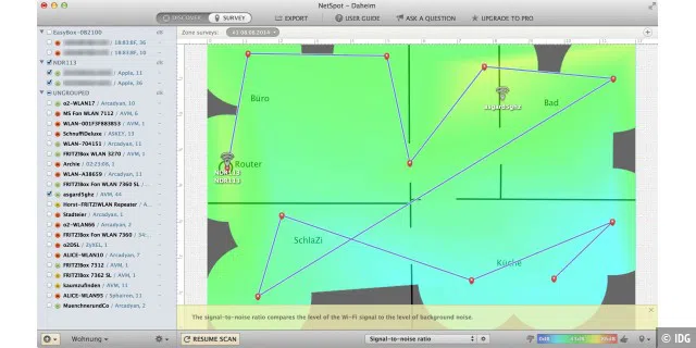 Mit NetSpot können Sie eine Karte der Signalqualität in Ihrer Wohnung erstellen und somit „tote Winkel“ identifizieren.