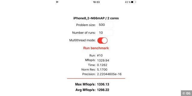 Im Linpack-Test ist der A9-Chip sogar etwas langsamer als der A8 aus dem iPhone 6. Das dürfte allerdings ein Software-Problem in der Linpack-App sein.