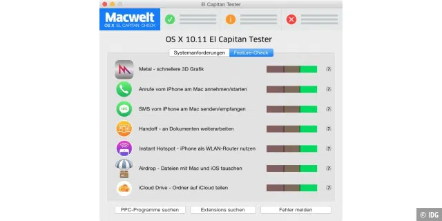 Einige Funktionen brauchen bestimmte Hardware. Unser El Capitan Tester prüft neben der grundsätzlichen Eignung des Rechners für OS X 10.11 auch die Kompatibilität mit bestimmten Funktionen.