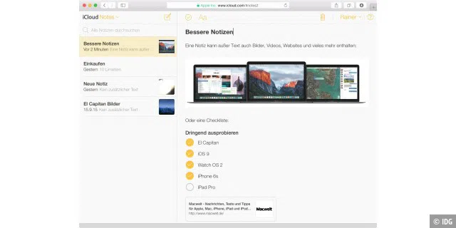 iCloud.com stellt auf die neue Notizen-App um, die auch unter Yosemite, Mavericks und noch älteren Systemen nutzbar ist.