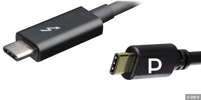 Thunderbolt (links) oder DisplayPort: USB C kennt auch Logos für zusätzliche Protokolle für die parallel Audio- und Videoübertragung.