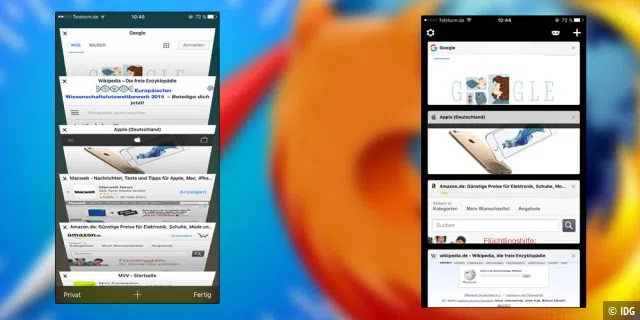 Safari hat den 3D-Effekt, Firefox zeigt die Tabs im Kartensystem (s. Bild) oder im Kastensystem.