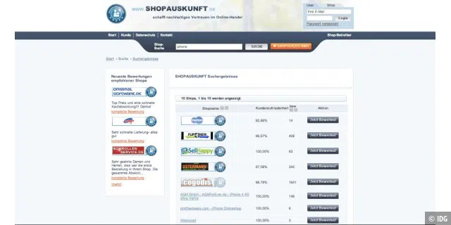 Bei Portalen wie Shopauskunft.de können Sie Bewertungen über Online-Shops von anderen Käufern lesen und Ärger mit schwarzen Schafen vermeiden.