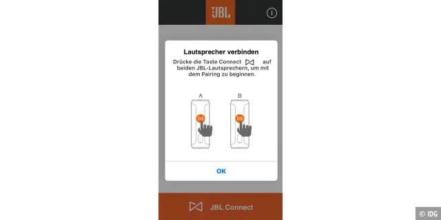 Die Smartphone-App JBL Connect hat nur zwei Funktionen, den Lautsprechern einen Namen zu geben oder zwei Xtreme zu einem Stereo-Set zu verbinden.