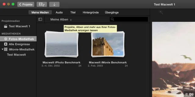 Medien aus einer iPhoto-Bibliothek lassen sich in iMovie schnell und komfortabel nach Fotos, Videos und markierten Medien filtern.