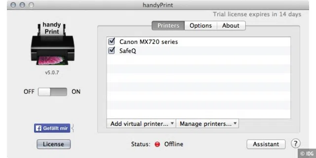 Mit dem kleinen Programm handyPrint können Sie einen Drucker Airplay-fähig machen. Doch per Airplay können Sie dann nur drucken, solange der Mac eingeschaltet bleibt.