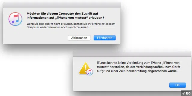 iTunes erkennt zwar das am Rechner hängende iPhone, findet aber keine Verbindung dazu, während es vergeblich zu starten versucht.