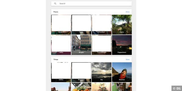 Die integrierte Suche in Google Fotos erlaubt es nach Dingen, Orten und Menschen zu suchen. Dabei teilt Googles Algorithmus automatisch die eigenen Fotos in bestimmte Bereiche ein. Wenn sich beispielsweise ein Auto im Bild befindet, erscheint dieses Fotos in der Suchen nach „Autos“