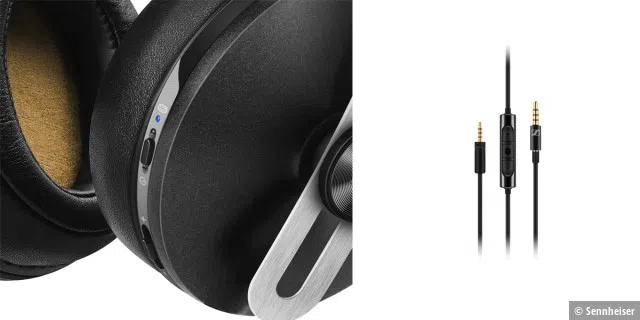 Der Ein/Aus-Schalter ist durch eine versehentliche Bedienung geschützt und wie die Musiksteuerung, griffgünstig am rechte Ohrhörer. Die Musiksteuerung erfolgt mit einem schlichte Joystickähnlichen Taster. Das ist einfach und gut (links). Toll ist, dass das iPhone Kabel mit seinen Steuerungstasten auch am Wireless funktioniert (rechts).