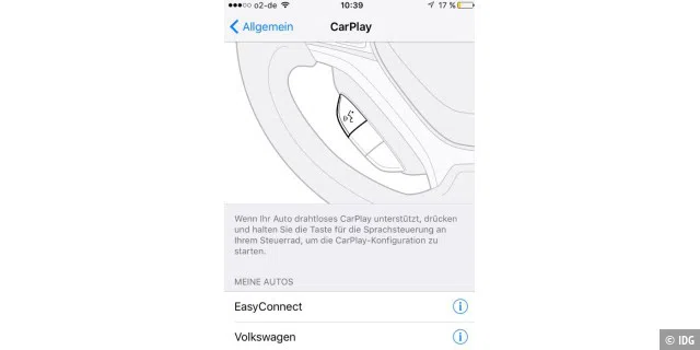 Apple hat kabelloses Carplay bereits in iOS integriert, Sie finden diesen Menü-Punkt im Einstellungsmenü Ihres iPhones, wie unser Screenshot zeigt. Nur gibt es bis heute kein Auto, das kabelloses Carplay unterstützt.