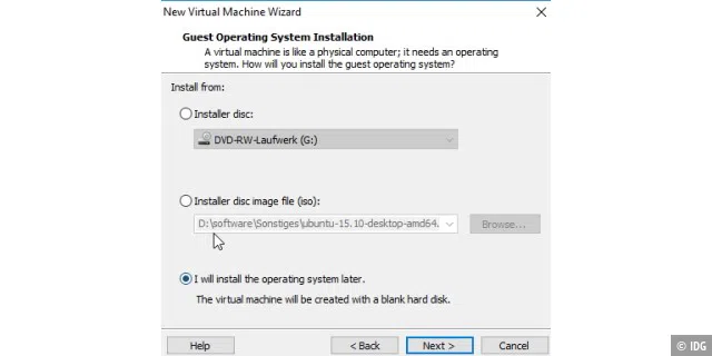 In VMware Player müssen Sie die Option zum Auswählen des Installationsdatenträgers überspringen
