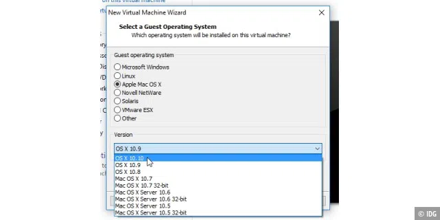 Um eine VM mit OS X zu installieren, wählen Sie nach der Installation von Unlocker die Version von OS X aus, die Sie auf dem Rechner virtualisieren wollen.