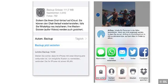 Whatsapp unterstützt das Backup Ihres kompletten Chatverlaufs über iCloud inklusive Medien – außer Videos. Bilder und Videos aus Chats lassen sich über „Bild sichern“ beziehungsweise „Video sichern“ speichern, sie landen in der App „Fotos“.