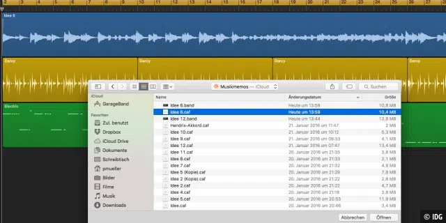 Einzelne Musikmemos (.caf) lassen sich als Spuren in ein vorhandenes Projekt importieren, die Hilfsapp für das iPhone kann aber auch schon selbst Projekte exportieren (.band) - auf Wunsch mit Bass und Schlagzeug.