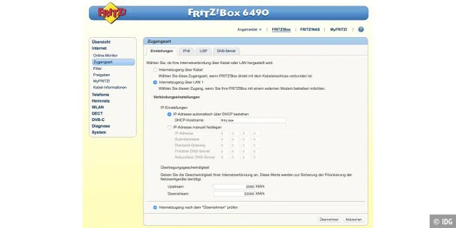 Um eine Fritzbox als reinen Accesspoint zu konfigurieren, muss man sie anweisen, einen externen DHCP-Server zu verwenden.