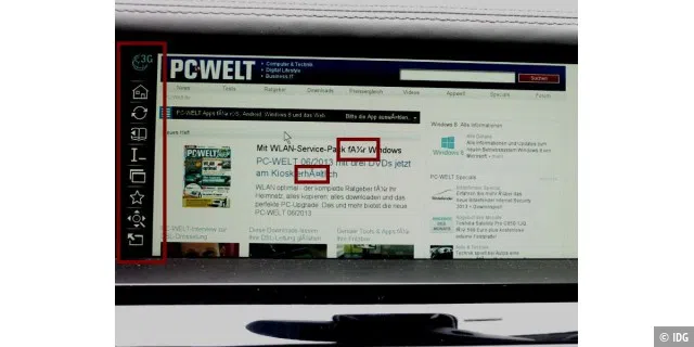 Etwas holprige Darstellung im BMW-Browser: Deutsche Umlaute werden falsch dargestellt. Links sehen Sie die Menüleiste des Browsers.