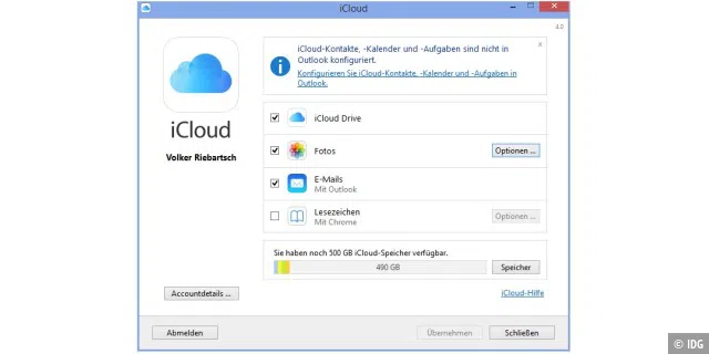 Unter Windows ist die kostenlose Systemsteuerung iCloud zu laden und zu installieren, analog zu OS X.