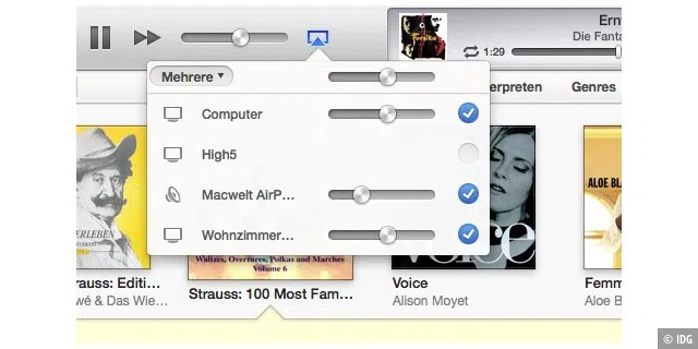 Per iTunes am Mac können Sie mehrere Airplay-Lautsprecher für die Wiedergabe auswählen.