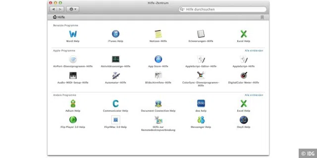 Für viele System-Apps beinhaltet die Systemhilfe von OS X Texte und Anleitungen zur Unterstützung.