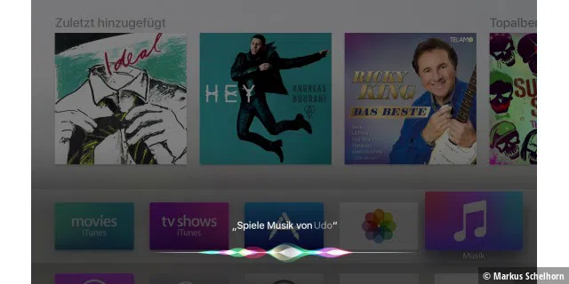 Apple TV Sprachsteuerung: Im Gegensatz zum Amazon Fire TV kann man per Sprachbefehl beispielsweise sagen, das Musik eines bestimmten Künstlers gespielt werden soll.