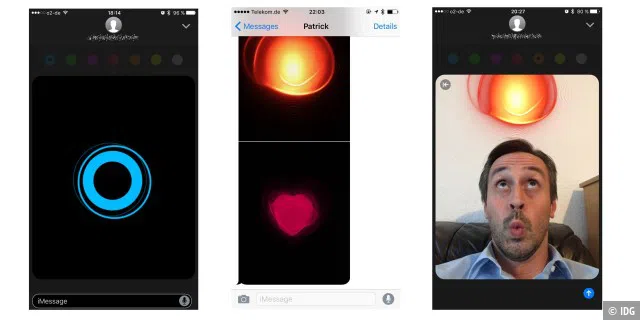 Animationen wie auf der Apple Watch in Nachrichten. Diverse Modi sollen unterschiedliche Emotionen verdeutlichen (links). Ältere Systeme (hier iOS 9, Mitte) können die neuen Nachrichten zwar empfangen, zeigen jedoch nur Standbilder. Neu und wild: Selfie-Videos mit Animationen und Live-Zeichnungen. Nicht ganz einfach, dies aufzunehmen (rechts).