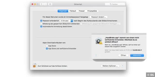 In den Systemeinstellungen gibt sich macOS Sierra strenger als seine Vorgänger und erlaubt keinen App-Download ohne Einschränkungen. Über das Kontextmenü lassen sich auch Apps nicht verifizierter Entwickler laden.