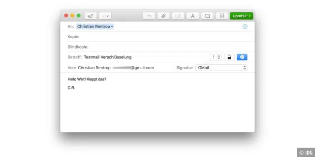 Eine Testmail an ihre eigene, gerade verschlüsselte Mailadresse erlaubt das Testen der Funktion