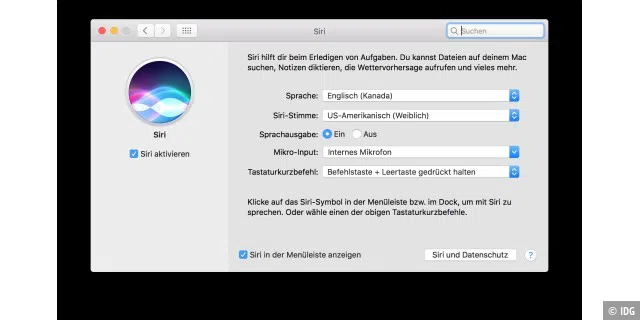 Mit macOS Sierra kommt Siri auch auf den Mac. Der Funktionsumfang ist dabei identisch mit der iOS-Version. Auch lässt sich Sprache und Siris Stimme auswählen. Zukunftsweisend lässt sich Siri auch mit dem gleichen Tastenkürzel wie Spotlight öffnen.
