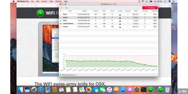 WiFi Radar Pro kann bereits in der Testversion umfangreiche Informationen zur Verbindungsqualität von WLANs liefern.