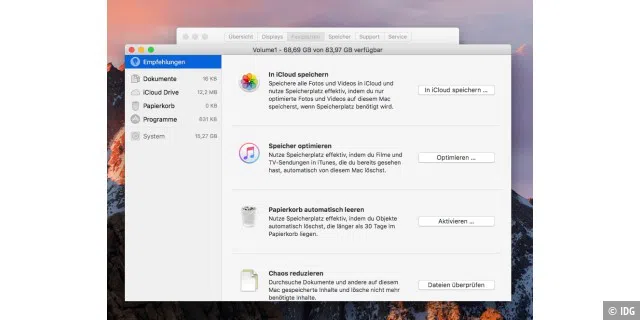 Dateien können Sie in macOS Sierra komfortabel verwalten, das gilt auch für den verwendeten Speicherplatz den Papierkorb und für iCloud.