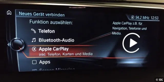 Apple Carplay steht als Menü-Punkt in den Telefonie-Einstellungen von ConnectedDrive zur Verfügung.