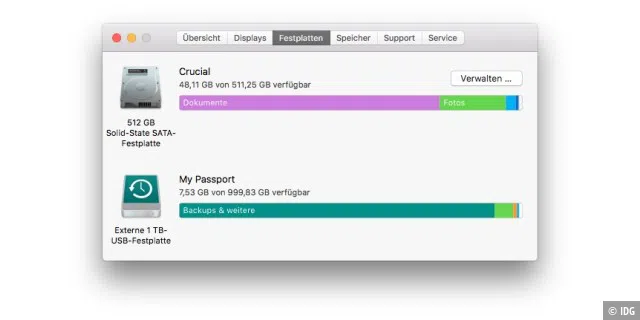 Bei der Festplattenübersicht kam eine neue Schaltfläche hinzu. „Verwalten“ erlaubt von jetzt an das Öffnen einer Ansicht für ein erweitertes Speichermanagement des Macs.