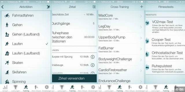 Die App bietet eine große Vielfalt von Trainingsprogrammen und -kontrollen.