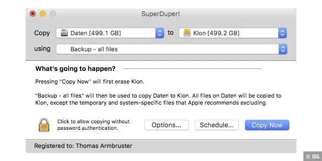 Der erste Klon ist mit Super Duper schnell eingerichtet, die Bedienoberfläche erinnert aber an längst vergangene Versionen des macOS.