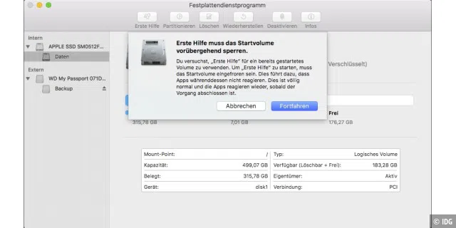 Mit dem Festplattendienstprogramm lässt sich unter macOS Sierra auch das Startvolume reparieren.