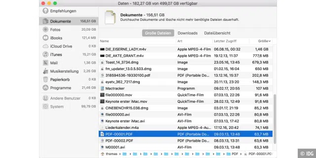 Nach einem Klick auf „Dateien überprüfen“ findet man schnell große Dokumente auf dem Startvolume.