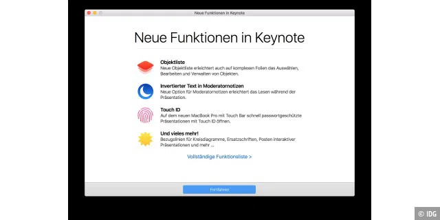 Auch Keynote bekommt eine TouchID Unterstützung. Dazu gibt es eine verbesserte Textdarstellung für die Präsentationsnotizen.