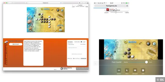 Flash für Spiele: Geht mit Safari 10 und aktuellem Plug-in, geht nicht mit Mobile Safari, geht aber auf dem iPhone mit dem Puffin-Browser.