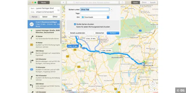 Die digitale Route aus den Apple Maps lässt sich auch ausdrucken.