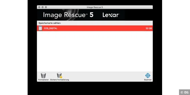 Die übersichtliche deutsche Benutzeroberfläche gibt bei Image Rescue von Lexar keine Fragen auf.