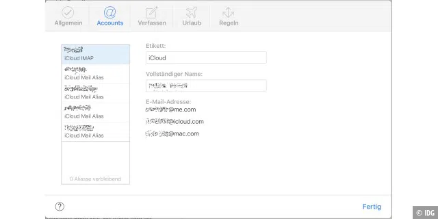 iCloud-Aliase: Mit abschaltbaren Alias-Adressen von iCloud lassen sich Wegwerfadressen erzeugen.