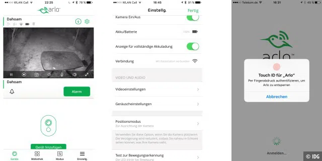 Impressionen aus der App: Nachtsicht, Akkuanzeige in den Einstellungen, Anmeldung per Touch ID