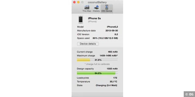 Coconut Battery zeigt die Temperatur des Macbook und iPhone-Akkus an.