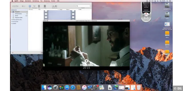 Mit der EyeTV-Software kann man am Mac fernsehen. Eine Fernbedienung in Form eines schwebenden Fensters steht hierfür zur Verfügung.