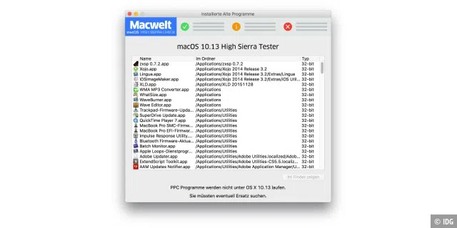 Das Test-Tool sucht nach alten PPC-Programmen und Intel-Programmen, die noch auf der 32-Bit-Architekur basieren. PPC-Programme laufen schon länger nicht mehr unter macOS. Sie können sie hier im Finder lokalisieren lassen und gegebenenfalls gleich in den Papierkorb verschieben. 32-Bit-Apps laufen unter High Sierra noch, Apple hat aber angekündigt, die 32-Bit-Unterstützung in Zukunft auslaufen zu lassen. Ab macOS 10.14 oder 10.15 könnte das der Fall sein.