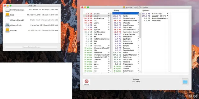 OmniDiskSweeper zeigt freien und in Verwendung befindlichen Speicherplatz übersichtlich an, nach Dateigröße sortiert.