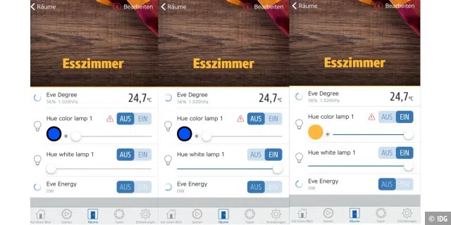 Die Hue-Leuchten können Sie intuitiv über die Eve-App bedienen.