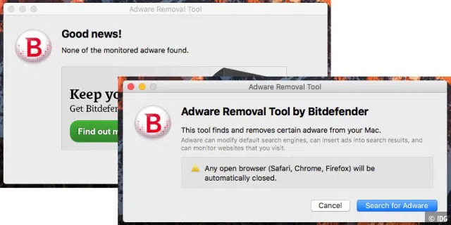 Bitdefender Adware Removal Tool for Mac muss nicht installiert werden, um nach Adware zu suchen. In wenigen Sekunden entfernt Bitdefender Adware Removal Tool for Mac Adware.