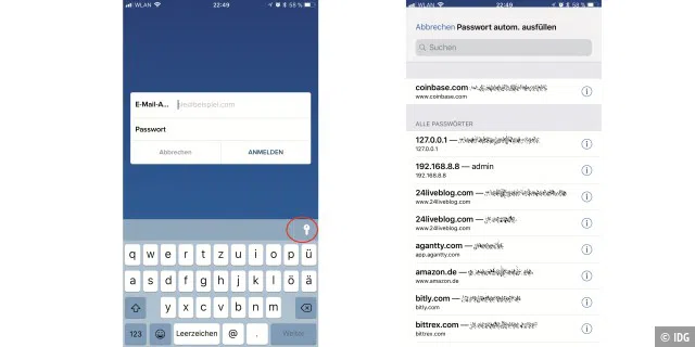 Der neue Passwortmanager erlaubt es, Passwörter nicht nur im Browser, sondern auch in Apps auszufüllen. (links) 1 iOS schlägt automatisch den richtigen Log-in (oben) vor. Tippen wir darauf, füllt das iPhone die Maske automatisch aus. (rechts)