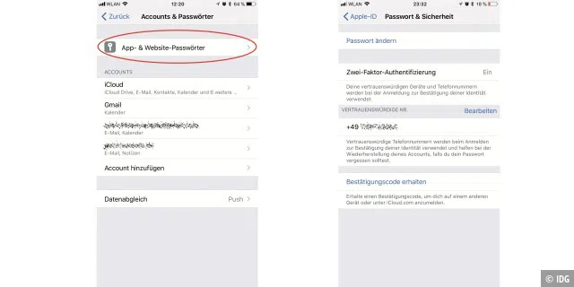 Unter den Kontoeinstellungen finden wir die gespeicherten Passwörter. Hier können wir Passwörter nachschlagen, löschen oder hinzufügen. (links) Die Zwei-Faktor-Authentifizierung für iCloud, beziehungsweise unsere Apple-ID, ist eine der wichtigsten Sicherheitsmaßnahmen unter iOS. (rechts)